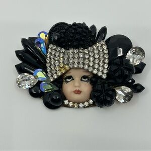 Vintage flapper girl face brooch rhinestone & black faceted beads